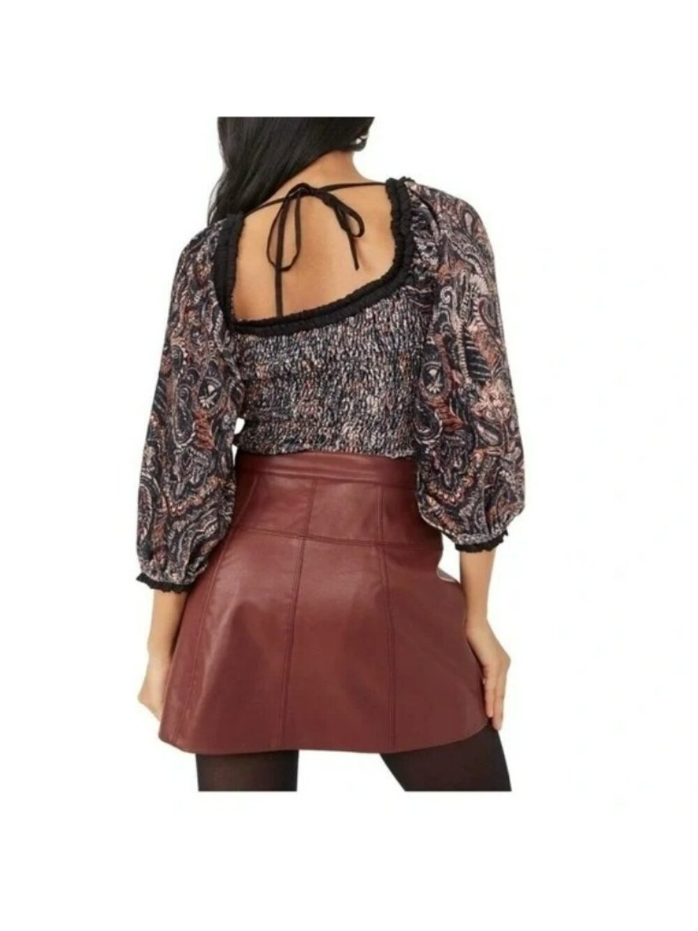 Free People Dare Me Velvet Puff Sleeve Blouse Milkmaid Paisley Blue Orange Boho - Picture 2 of 14